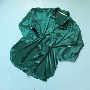 Victoria's Secret Y2K Emerald Green Long Sleeve Satin Night Shirt Gown Size L